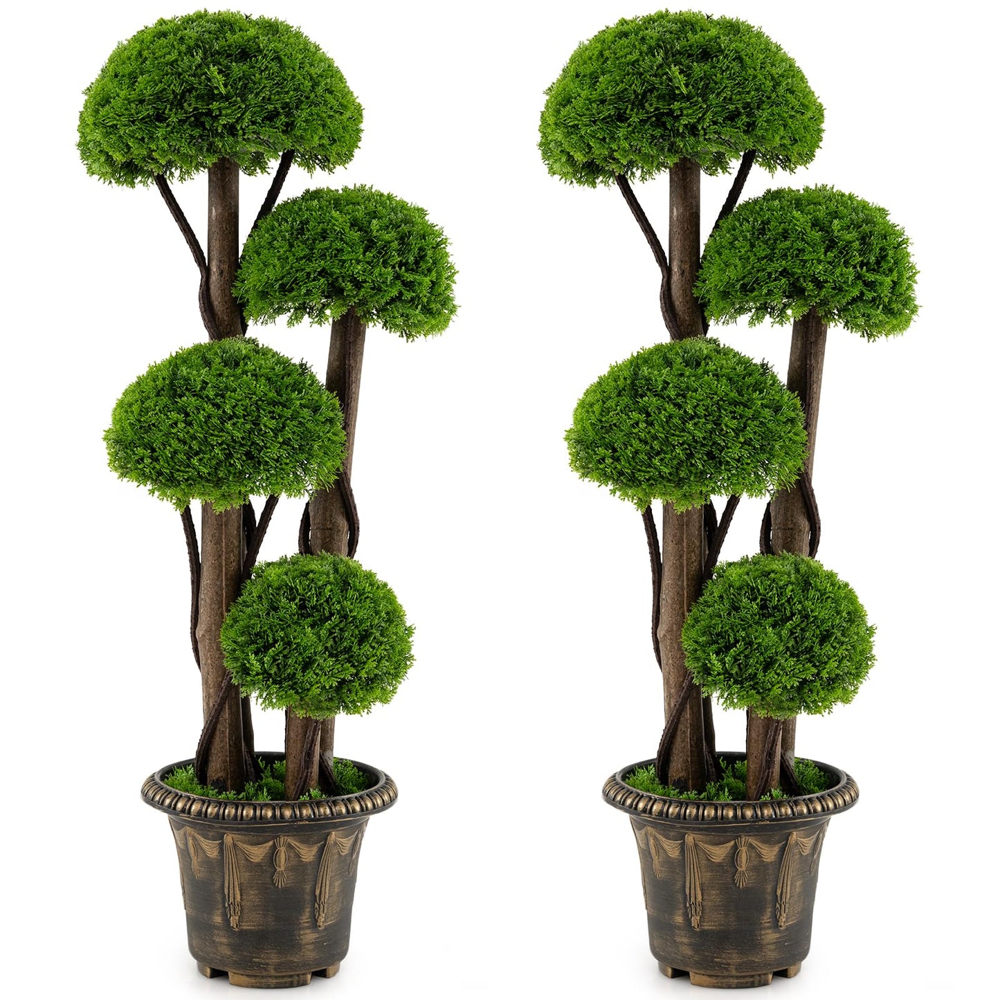 3 FT Artificial Cypress Topiary Ball Tree, Faux Greenery Plant with Cement-Filled Planter, Vines, Real Wood Trunks, Indoor Outdoor Fake Shrub Plant for Office Home Front Porch Decor