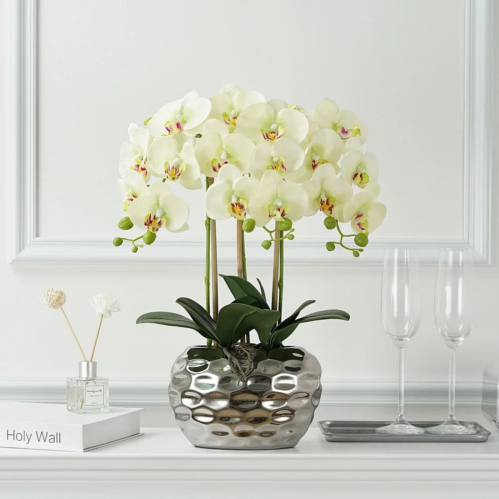 Wholesale Home and Garden Decoration Artificial Orchid Plant with Plastic Leaves and Flowers