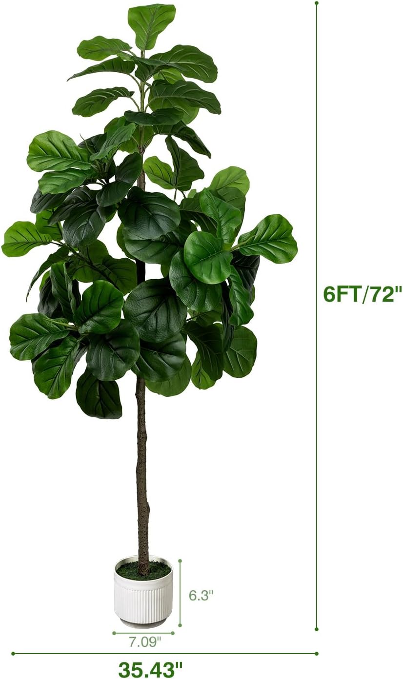Artificial Fiddle Leaf Fig Tree 6FT - Large Fake Trees with White Planter, Tall Faux Ficus Lyrata Tree Floor Plants for Indoor Home Decor Office Living Room Housewarming Gift, 1Pack