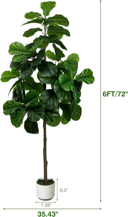 Artificial Fiddle Leaf Fig Tree 6FT - Large Fake Trees with White Planter, Tall Faux Ficus Lyrata Tree Floor Plants for Indoor Home Decor Office Living Room Housewarming Gift, 1Pack