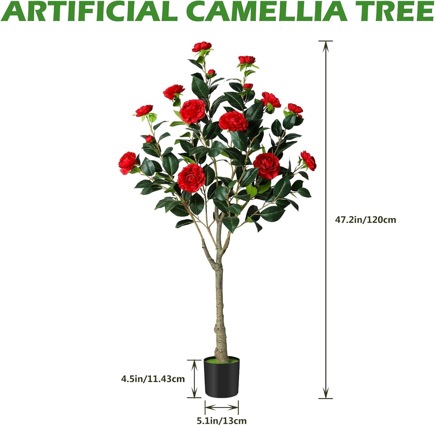 2 Pack Artificial Camellia Tree, 4FT Faux Camellia Tree with Red Flowers | Realistic Camellia Tree, Sturdy Construction, Versatile Use, Low Maintenance, No Unpleasant Smell, Colorfast & Long-Lasting