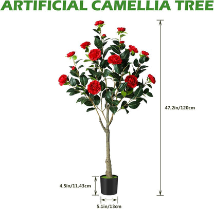 2 Pack Artificial Camellia Tree, 4FT Faux Camellia Tree with Red Flowers | Realistic Camellia Tree, Sturdy Construction, Versatile Use, Low Maintenance, No Unpleasant Smell, Colorfast & Long-Lasting