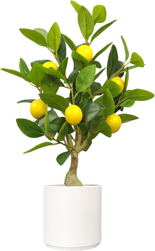 Artificial Lemon Tree 20.5 Inches Tall, Fake Potted Citrus Plant with Lemons and White Pot, Faux Fruit Plant Medium Fake Houseplant for Indoor Home Office Desk Room Table Decor
