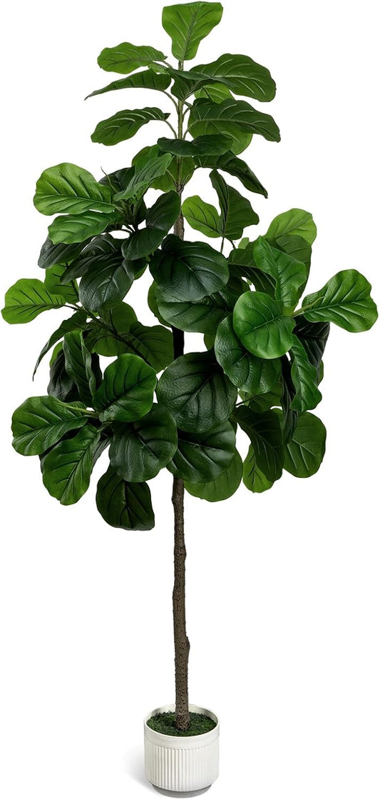 Artificial Fiddle Leaf Fig Tree 6FT - Large Fake Trees with White Planter, Tall Faux Ficus Lyrata Tree Floor Plants for Indoor Home Decor Office Living Room Housewarming Gift, 1Pack