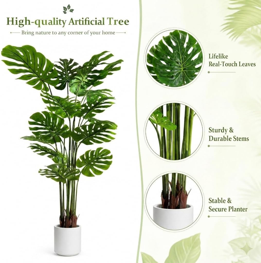 Artificial Monstera Deliciosa Plant 5.2ft, Lifelike Faux Swiss Cheese Floor Plant with 18 Leaves in Pot, Tall Fake Tropical Tree for Indoor Home Living Room Office Decor, 2 Pack