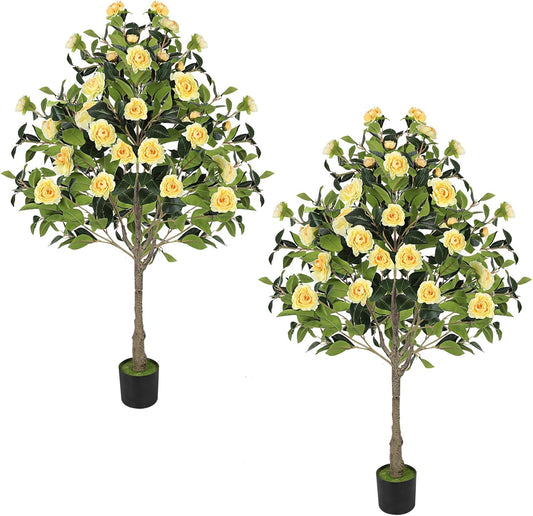 4FT Artificial Camellia Tree 2 Pack 47" Faux Camellia Plant with Black Pot, Realistic Leaves and Silk Floral Blooming for Indoor Outdoor Home Office Porch Decor, Yellow