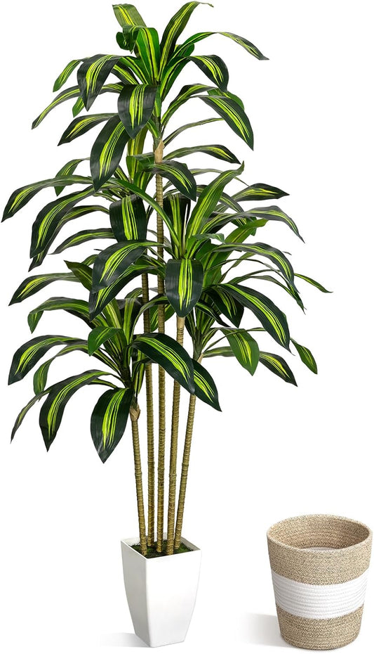 5FT Artificial Dracaena Tree - Tall Faux Dracaena with White Planter, Artificial Plants Indoor, Fake Plant Build Boho-Chic Basket, Fake Tree for Outdoor Home Office Decor