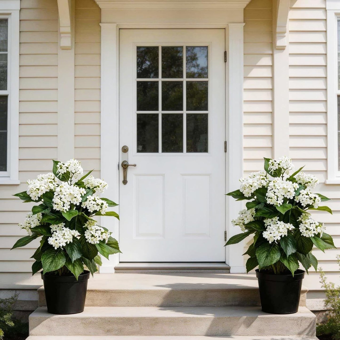 24 Inch Artificial White Hydrangea Potted Plant, 2 Pack Faux Silk Flower Bonsai Tree with Black Planter, Realistic Fake Flower for Tabletop, Shelf, Home Bedroom Office Porch Decor