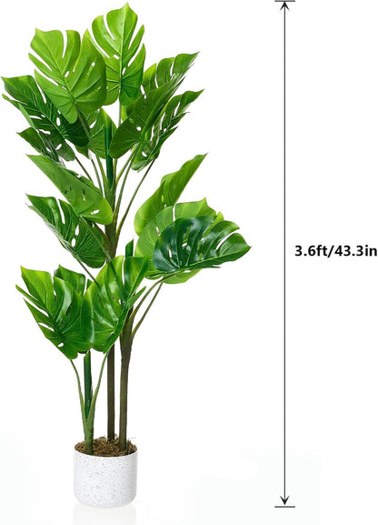 OUTLANE 3.6ft Artificial Monstera Deliciosa Plant in Pot, Lush Faux Tropical Palm Tree with 16 Lifelike Leaves, Fake Floor Plant for Indoor Outdoor Home, Office, Porch Decor