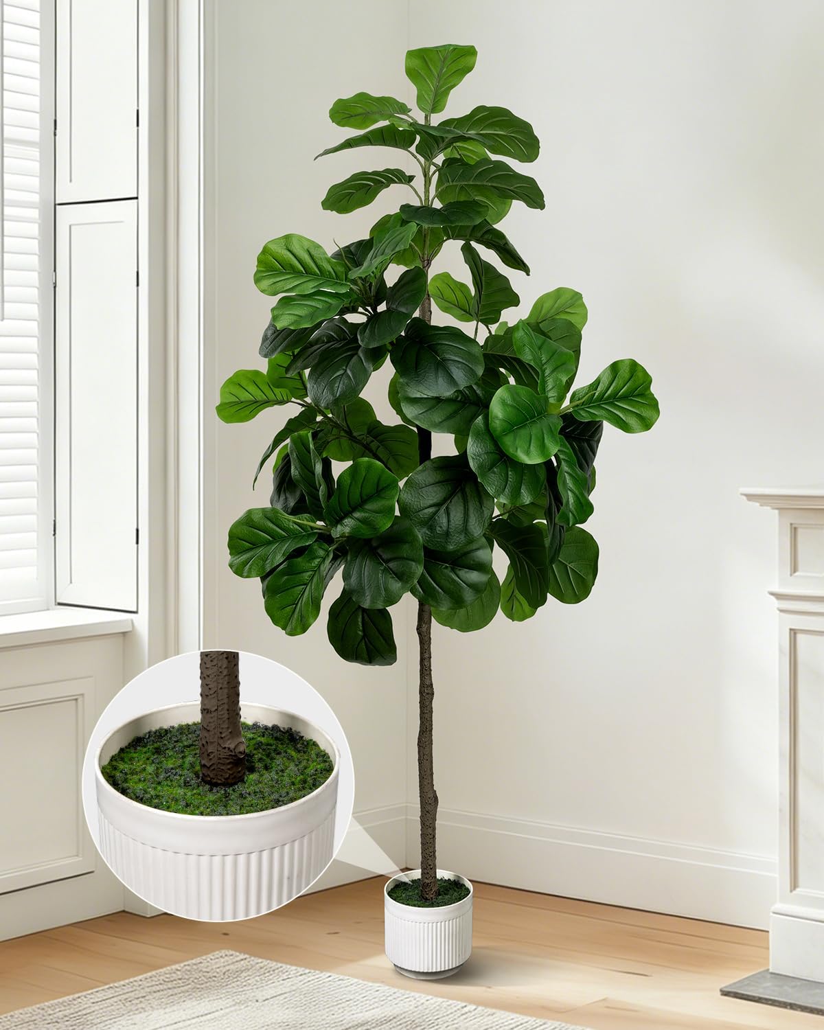 Artificial Fiddle Leaf Fig Tree 6FT - Large Fake Trees with White Planter, Tall Faux Ficus Lyrata Tree Floor Plants for Indoor Home Decor Office Living Room Housewarming Gift, 1Pack