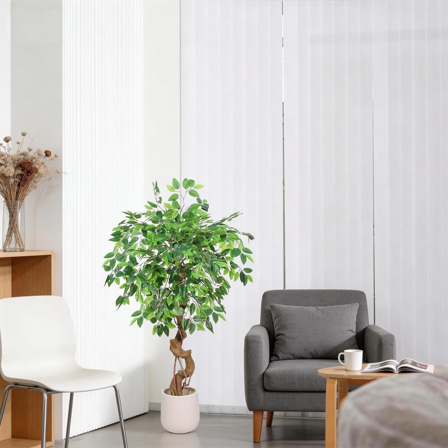 4FT Artificial Ficus Tree,Large Fake Tree with White Planter, Tall Faux Ficus Tree with Lifelike Leaves and Realistic Trunk, Artificial Plants Indoor for Décor Home Office Living Room