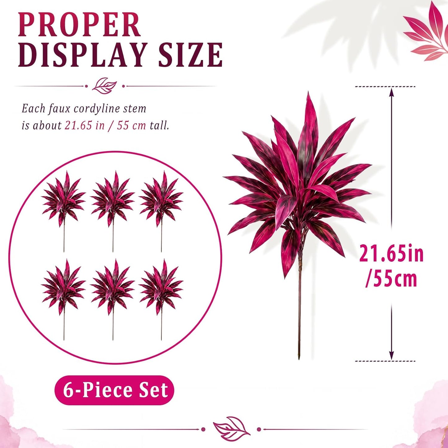 Waydress 6 Pcs Artificial Tropical Plants Faux Cordyline Fruticosa Logs Fake Boston Ferns UV Resistant Artificial Outdoor Greenery Pink Purple for Garden Patio Balcony Porch Yard Home Decor
