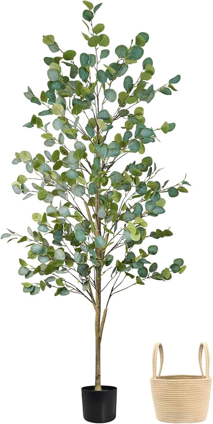 Caxchiling Faux Eucalyptus Tree 6FT, Artificial Potted Tree for Indoor Outdoor, Fake Floor Plants with Natural Wood Trunk, Home Office Living Room Bedroom Decor