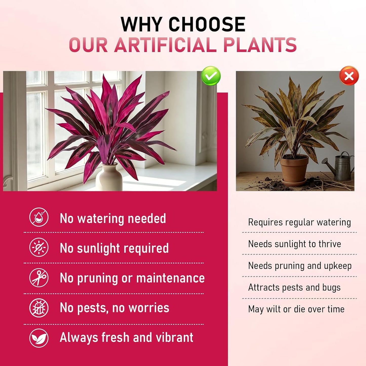 2pcs Large Realistic Artificial Boston Fern & Dragon's Blood Tree Artificial Turf UV Resistant Red Cordyline Ti Plants Red/Pink Vibrant Purple Leaves (A)