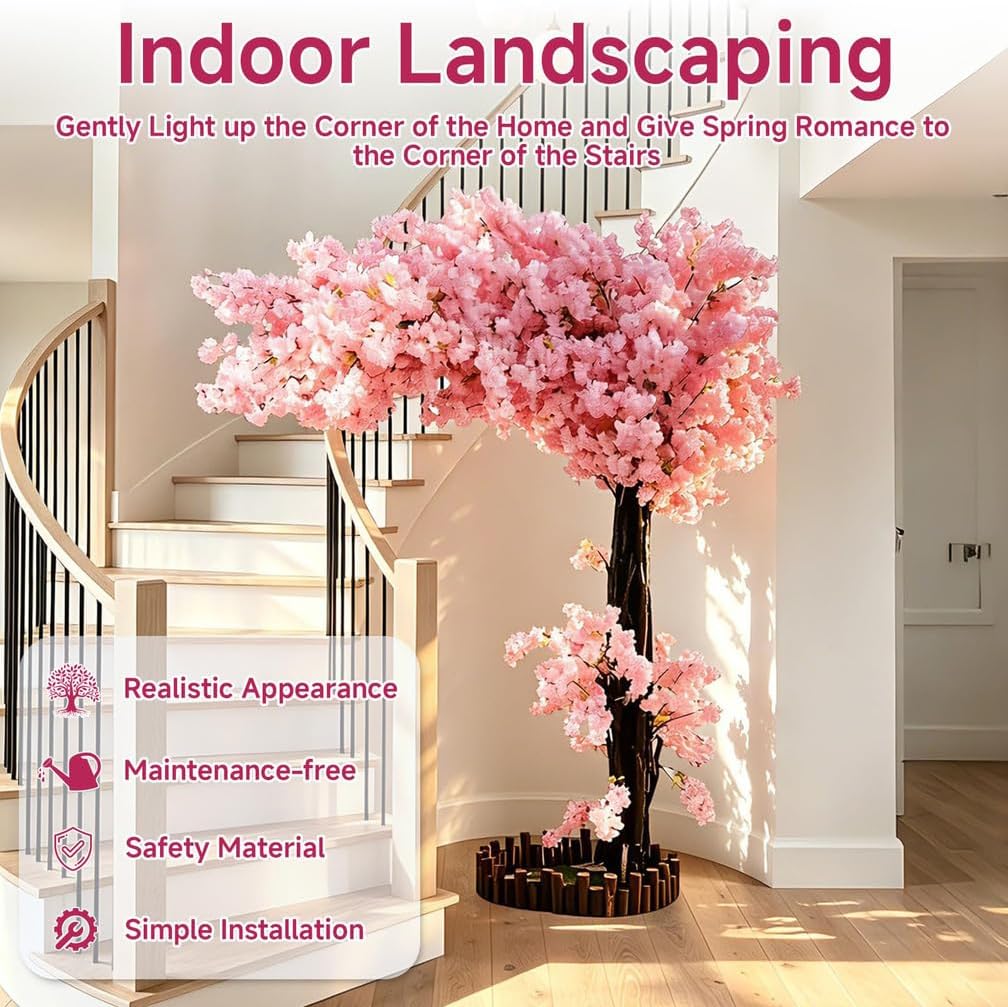 4FT Artificial Cherry Blossom Tree, Flower Trees Tall Artificial Plant, Faux Silk Plant in Pot for Home Room Porch Entryway Office Decorations Indoor Outdoor,Pink,