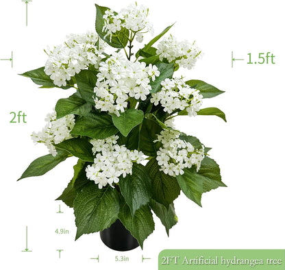 24 Inch Artificial White Hydrangea Potted Plant, 2 Pack Faux Silk Flower Bonsai Tree with Black Planter, Realistic Fake Flower for Tabletop, Shelf, Home Bedroom Office Porch Decor