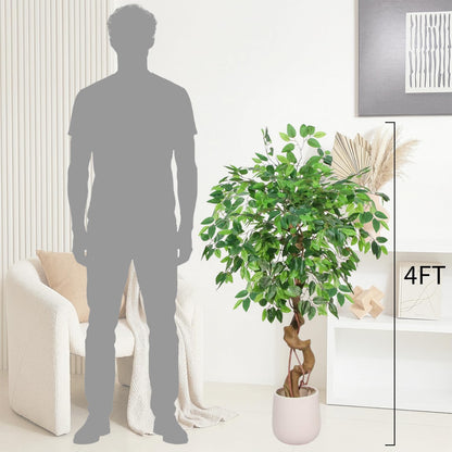 4FT Artificial Ficus Tree,Large Fake Tree with White Planter, Tall Faux Ficus Tree with Lifelike Leaves and Realistic Trunk, Artificial Plants Indoor for Décor Home Office Living Room