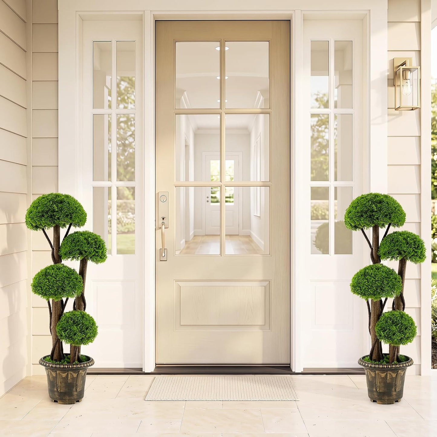 3 FT Artificial Cypress Topiary Ball Tree, Faux Greenery Plant with Cement-Filled Planter, Vines, Real Wood Trunks, Indoor Outdoor Fake Shrub Plant for Office Home Front Porch Decor