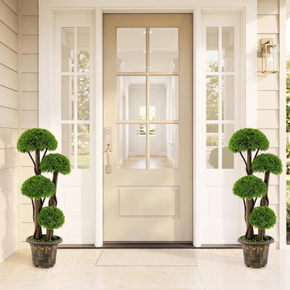 3 FT Artificial Cypress Topiary Ball Tree, Faux Greenery Plant with Cement-Filled Planter, Vines, Real Wood Trunks, Indoor Outdoor Fake Shrub Plant for Office Home Front Porch Decor