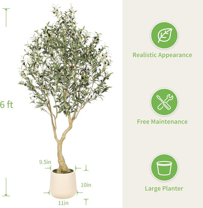 Realead 6ft Artificial Olive Tree with Tall Exquisite Planter - Realistic Faux Olive Tree with Thick Trunk and Lifelike Fruits - Large Fake Olive Tree for Home Office Decor
