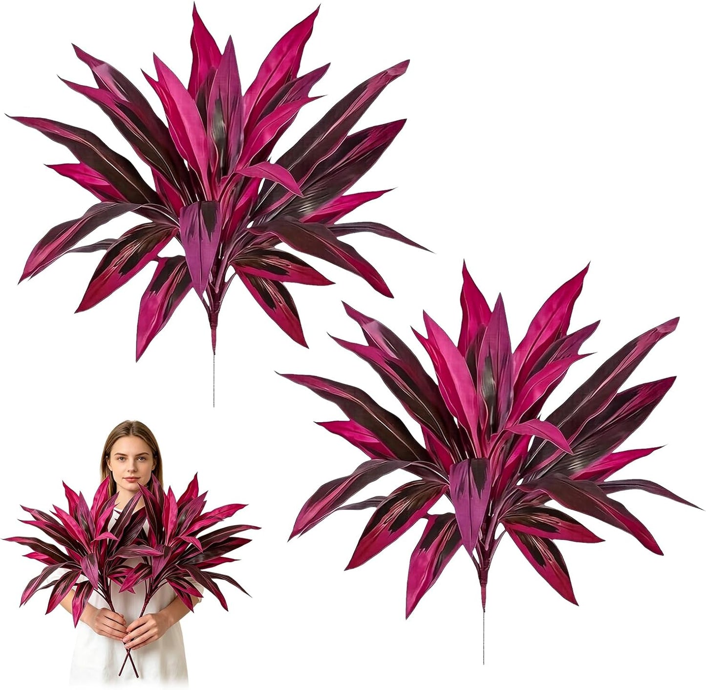 2pcs Large Realistic Artificial Boston Fern & Dragon's Blood Tree Artificial Turf UV Resistant Red Cordyline Ti Plants Red/Pink Vibrant Purple Leaves (A)