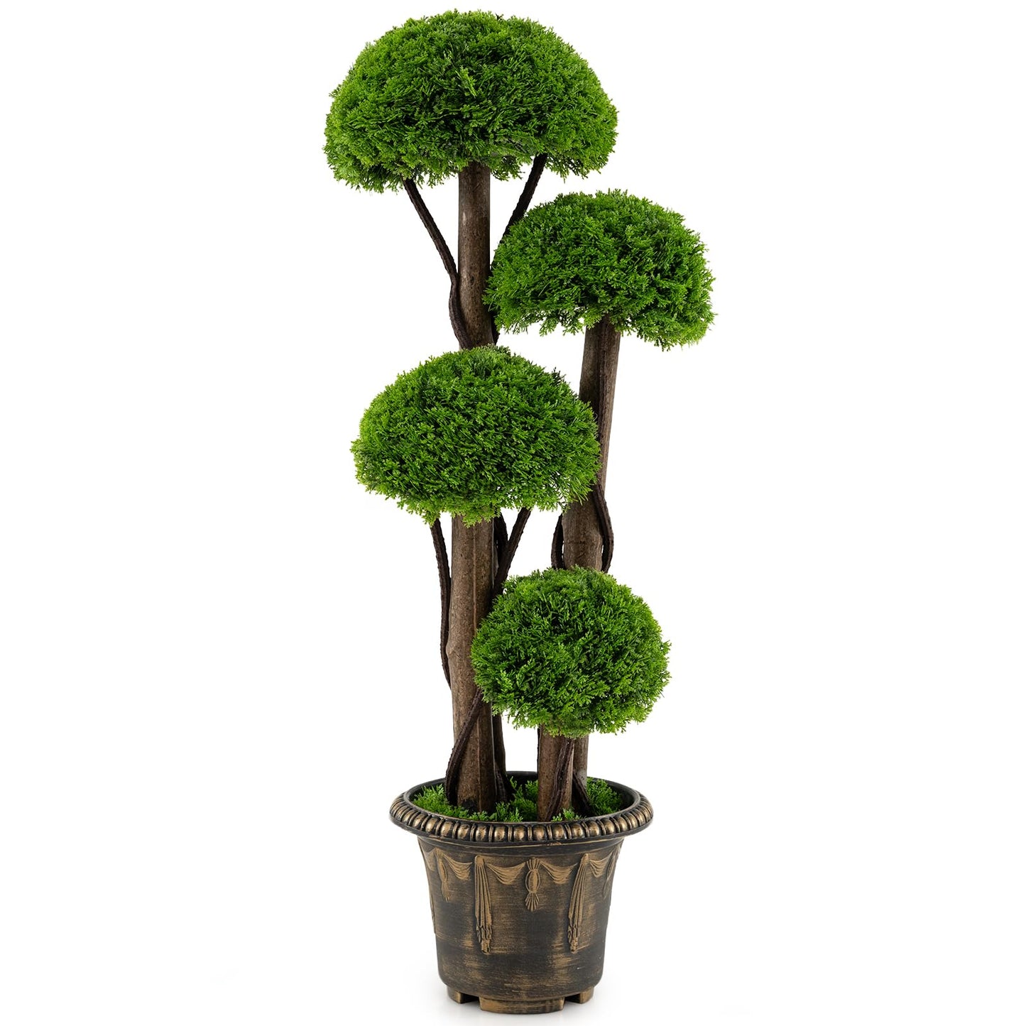 3 FT Artificial Cypress Topiary Ball Tree, Faux Greenery Plant with Cement-Filled Planter, Vines, Real Wood Trunks, Indoor Outdoor Fake Shrub Plant for Office Home Front Porch Decor