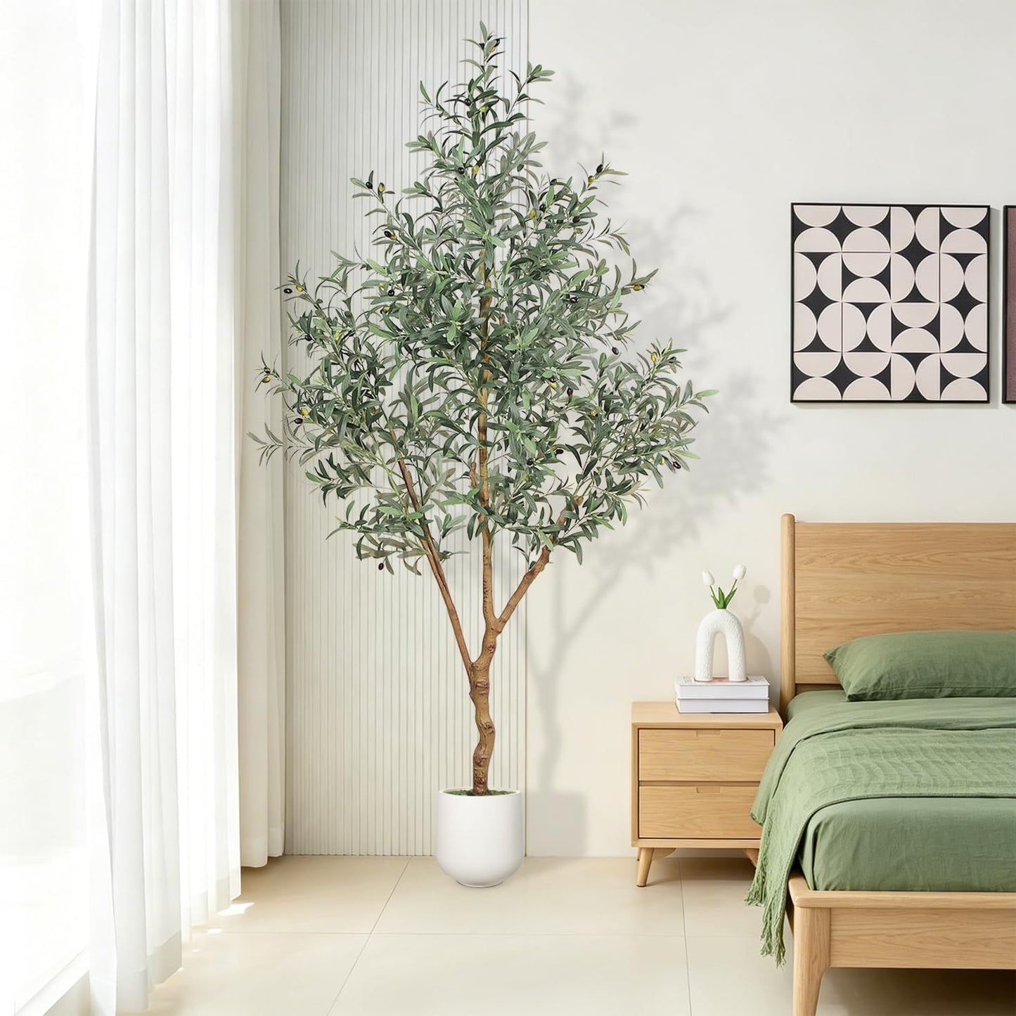 7FT Olive Trees Artificial Indoor - Realistic Artificial Olive Tree Indoor with White Planter, Large Full Fake Plants with Lifelike Fruits and Leaves for Modern Home Office Living Room Decor