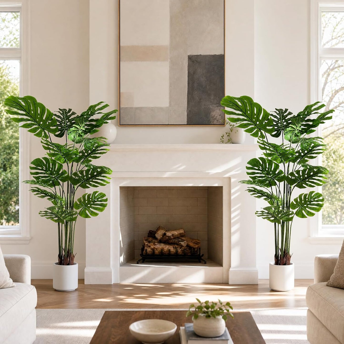 Artificial Monstera Deliciosa Plant 5.2ft, Lifelike Faux Swiss Cheese Floor Plant with 18 Leaves in Pot, Tall Fake Tropical Tree for Indoor Home Living Room Office Decor, 2 Pack
