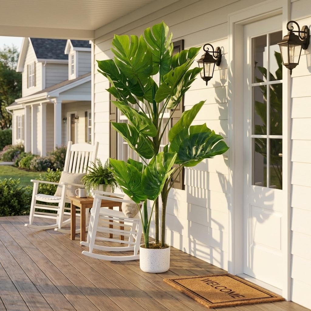OUTLANE 3.6ft Artificial Monstera Deliciosa Plant in Pot, Lush Faux Tropical Palm Tree with 16 Lifelike Leaves, Fake Floor Plant for Indoor Outdoor Home, Office, Porch Decor