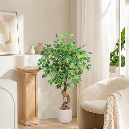 4FT Artificial Ficus Tree,Large Fake Tree with White Planter, Tall Faux Ficus Tree with Lifelike Leaves and Realistic Trunk, Artificial Plants Indoor for Décor Home Office Living Room
