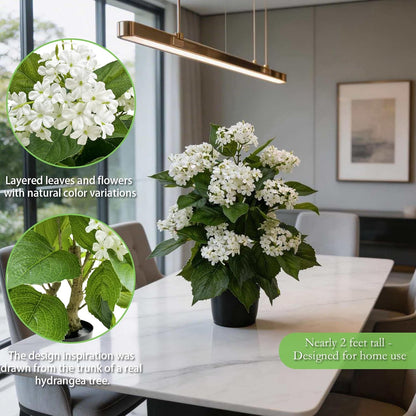 24 Inch Artificial White Hydrangea Potted Plant, 2 Pack Faux Silk Flower Bonsai Tree with Black Planter, Realistic Fake Flower for Tabletop, Shelf, Home Bedroom Office Porch Decor