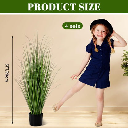 Jexine 4 Pieces Tall Artificial Grass Plant Potted Artificial Greenery Floor Plants Fake Pampas Grass Tall in Pot for Housewarming Gift House Garden Bathroom Lobby Indoor Outdoor (Green,3 ft)
