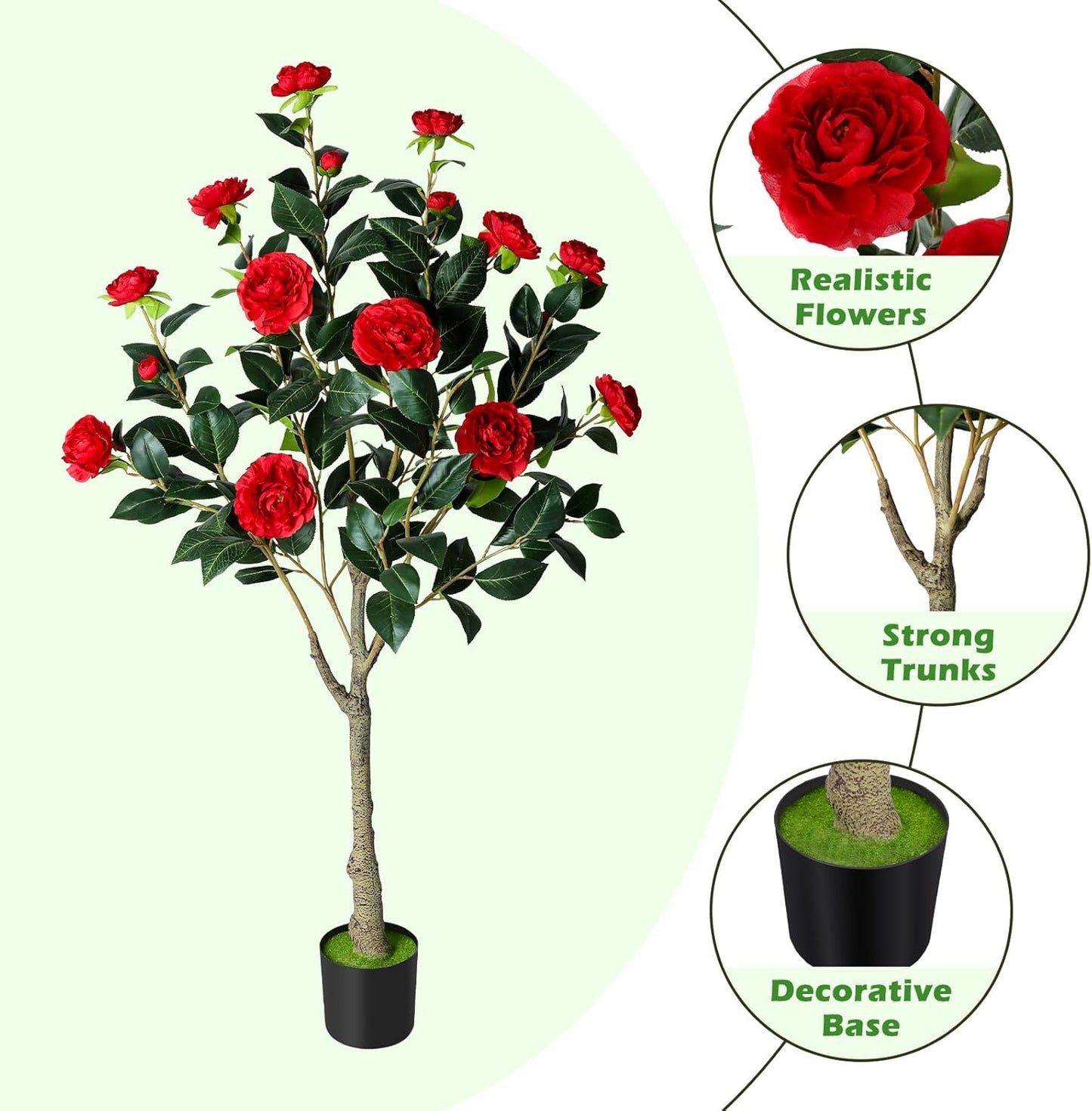 2 Pack Artificial Camellia Tree, 4FT Faux Camellia Tree with Red Flowers | Realistic Camellia Tree, Sturdy Construction, Versatile Use, Low Maintenance, No Unpleasant Smell, Colorfast & Long-Lasting