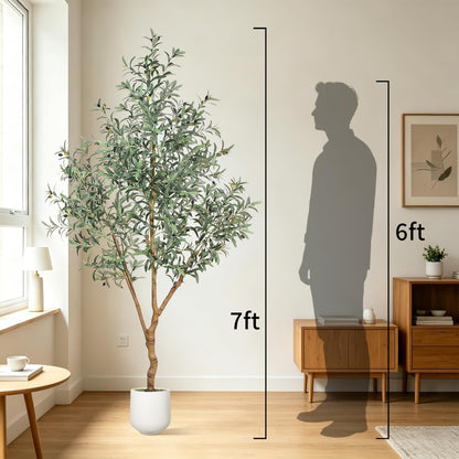 7FT Olive Trees Artificial Indoor - Realistic Artificial Olive Tree Indoor with White Planter, Large Full Fake Plants with Lifelike Fruits and Leaves for Modern Home Office Living Room Decor
