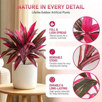 2pcs Large Realistic Artificial Boston Fern & Dragon's Blood Tree Artificial Turf UV Resistant Red Cordyline Ti Plants Red/Pink Vibrant Purple Leaves (A)