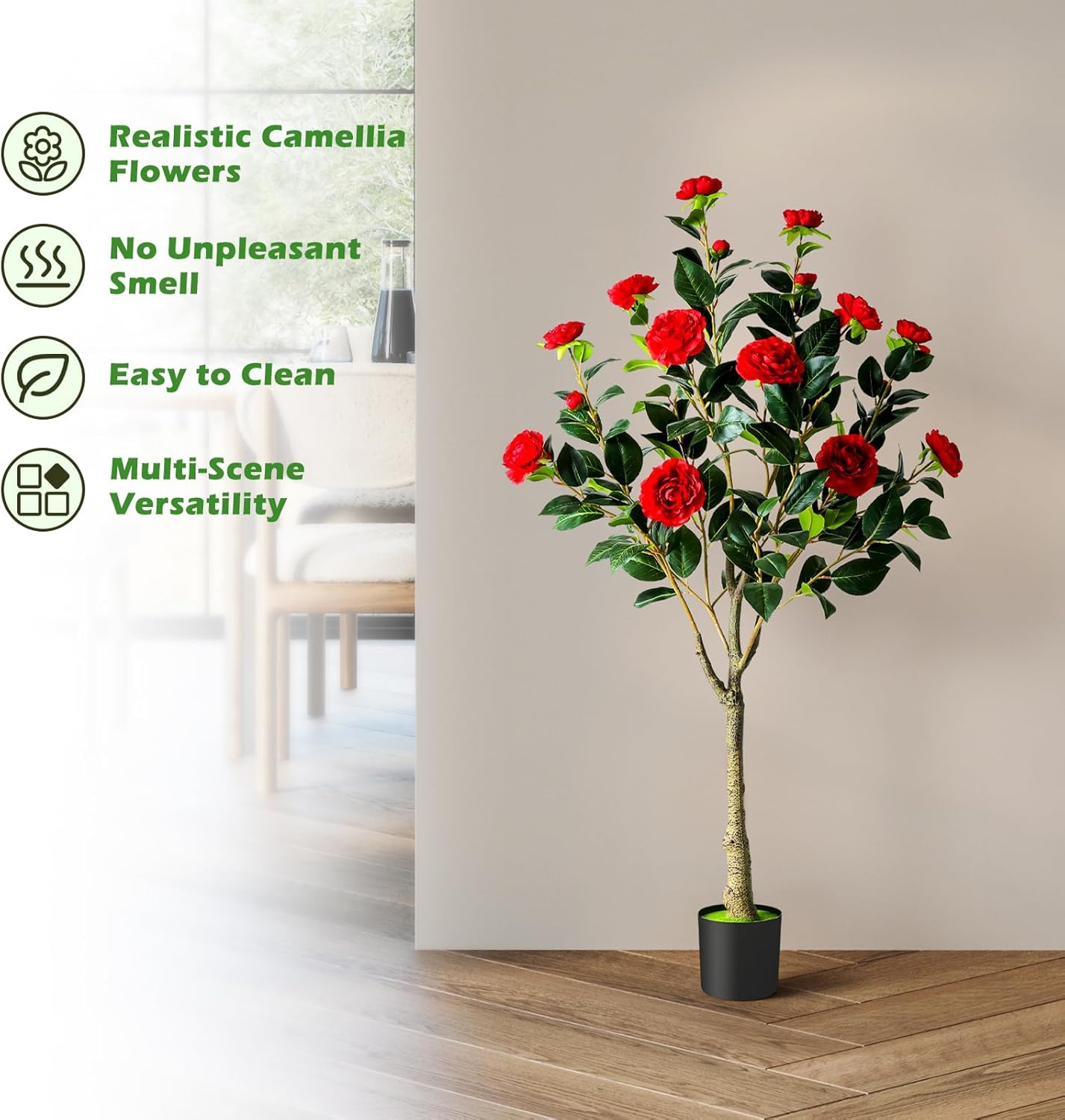 2 Pack Artificial Camellia Tree, 4FT Faux Camellia Tree with Red Flowers | Realistic Camellia Tree, Sturdy Construction, Versatile Use, Low Maintenance, No Unpleasant Smell, Colorfast & Long-Lasting