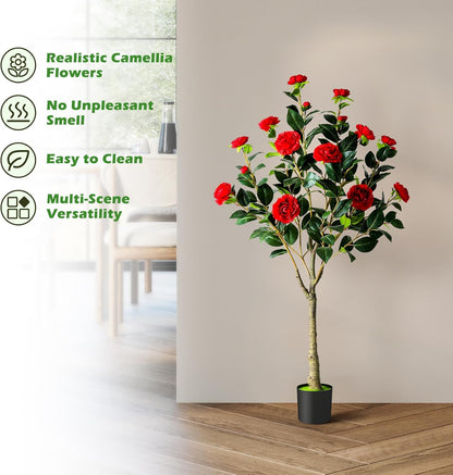 2 Pack Artificial Camellia Tree, 4FT Faux Camellia Tree with Red Flowers | Realistic Camellia Tree, Sturdy Construction, Versatile Use, Low Maintenance, No Unpleasant Smell, Colorfast & Long-Lasting
