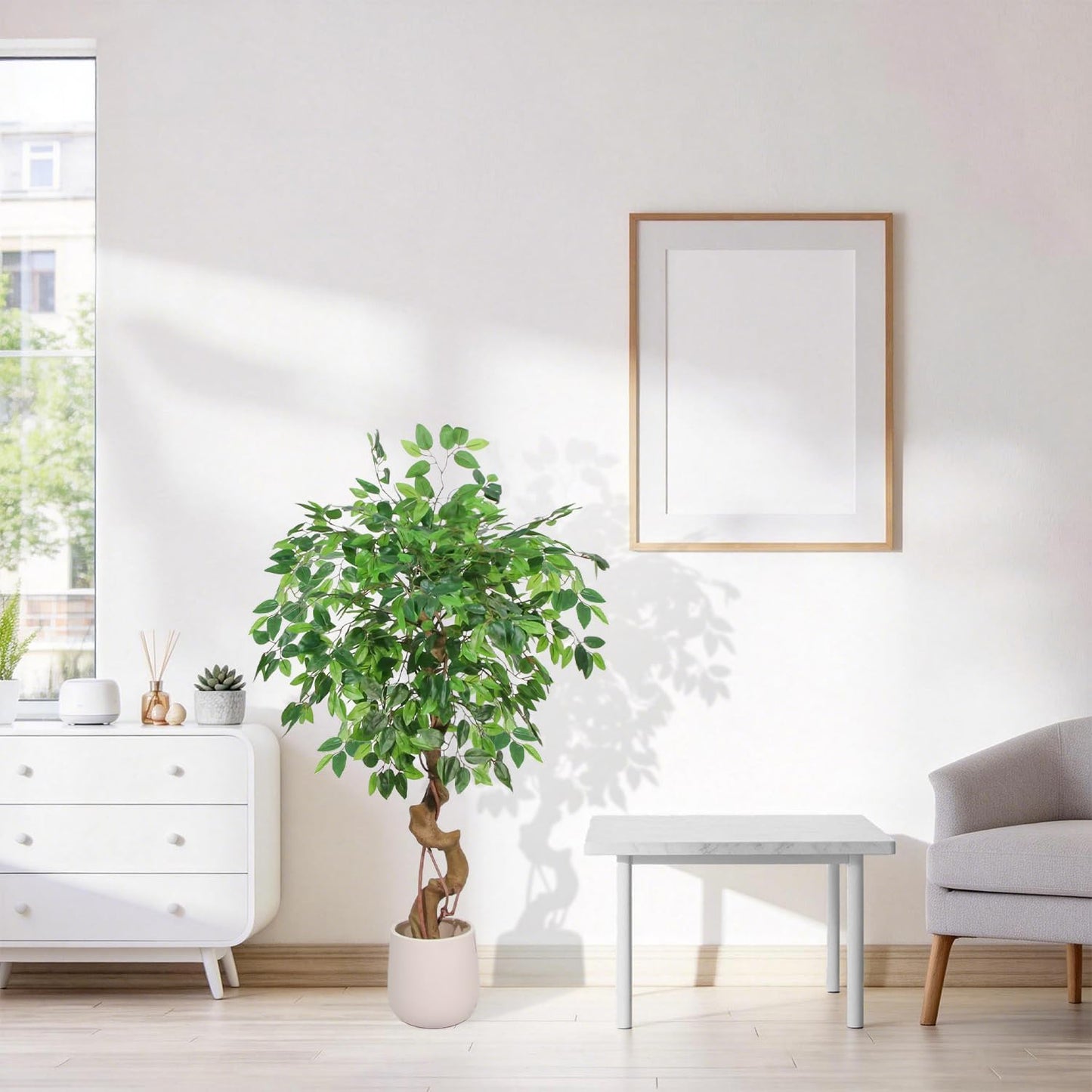4FT Artificial Ficus Tree,Large Fake Tree with White Planter, Tall Faux Ficus Tree with Lifelike Leaves and Realistic Trunk, Artificial Plants Indoor for Décor Home Office Living Room