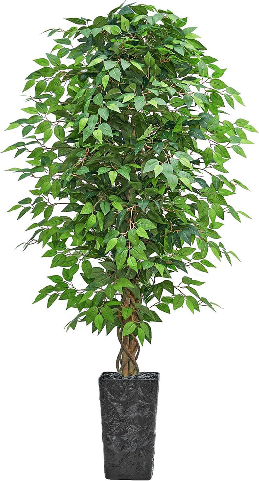 6FT Artificial Ficus Tree, Tall Fake Ficus Tree with Natural Wood Trunk & Silk Leaves, Large Artificial Plant Indoor for Home Living Room Office Bedroom Decor