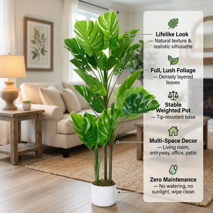 OUTLANE 3.6ft Artificial Monstera Deliciosa Plant in Pot, Lush Faux Tropical Palm Tree with 16 Lifelike Leaves, Fake Floor Plant for Indoor Outdoor Home, Office, Porch Decor