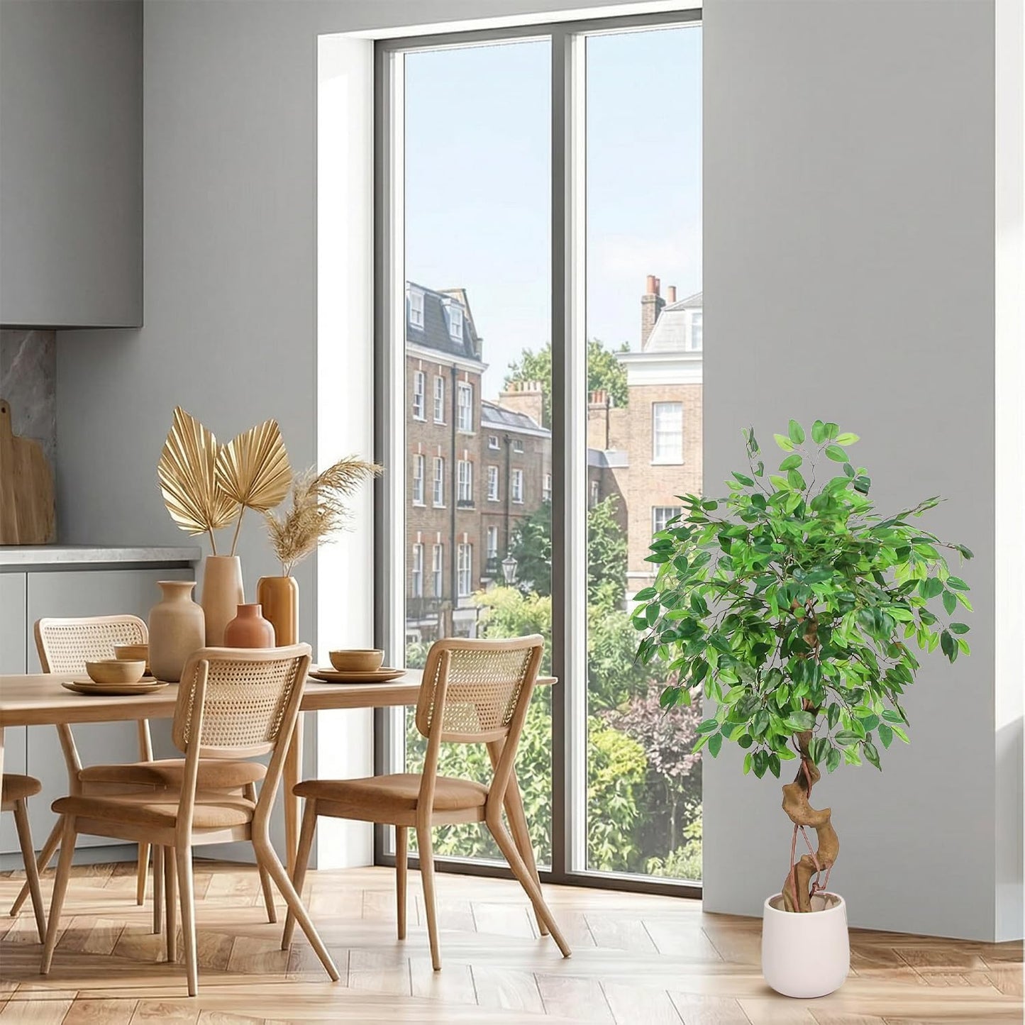 4FT Artificial Ficus Tree,Large Fake Tree with White Planter, Tall Faux Ficus Tree with Lifelike Leaves and Realistic Trunk, Artificial Plants Indoor for Décor Home Office Living Room