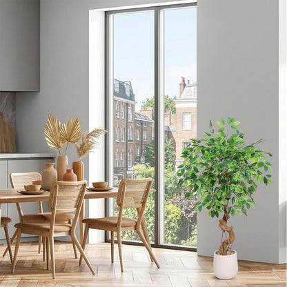 4FT Artificial Ficus Tree,Large Fake Tree with White Planter, Tall Faux Ficus Tree with Lifelike Leaves and Realistic Trunk, Artificial Plants Indoor for Décor Home Office Living Room