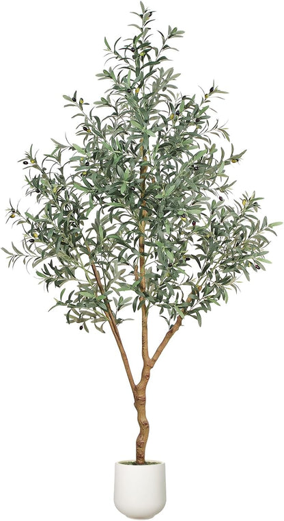 7FT Olive Trees Artificial Indoor - Realistic Artificial Olive Tree Indoor with White Planter, Large Full Fake Plants with Lifelike Fruits and Leaves for Modern Home Office Living Room Decor