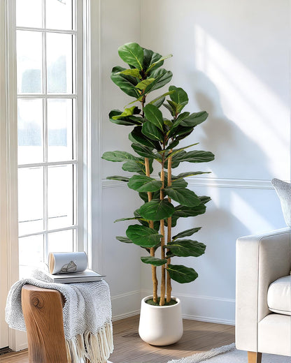 Artificial Fiddle Leaf Fig Tree in Modern White Planter, 5ft Large Fake Tree with 3 Sturdy Trunks, Fake Plants Faux Fig Tree with Moss, Lifelike Tall Artificial Plants Indoor for Office Home Decor