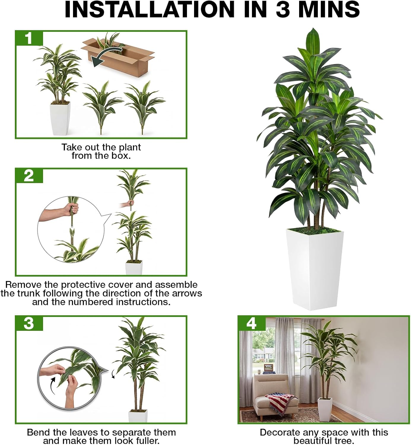 Artificial Dracaena Tree 5FT Tall, Faux Dracaena Tree Indoor, Fake Yucca Plant Potted, Tropical Floor Plant with Lifelike Leaves for Home Office Living Room Indoor Outdoor Decor