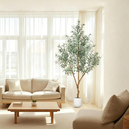 7FT Olive Trees Artificial Indoor - Realistic Artificial Olive Tree Indoor with White Planter, Large Full Fake Plants with Lifelike Fruits and Leaves for Modern Home Office Living Room Decor