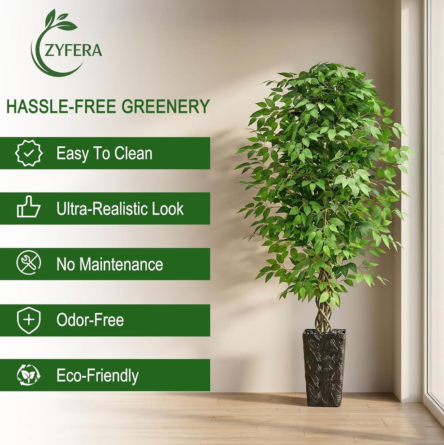 6FT Artificial Ficus Tree, Tall Fake Ficus Tree with Natural Wood Trunk & Silk Leaves, Large Artificial Plant Indoor for Home Living Room Office Bedroom Decor