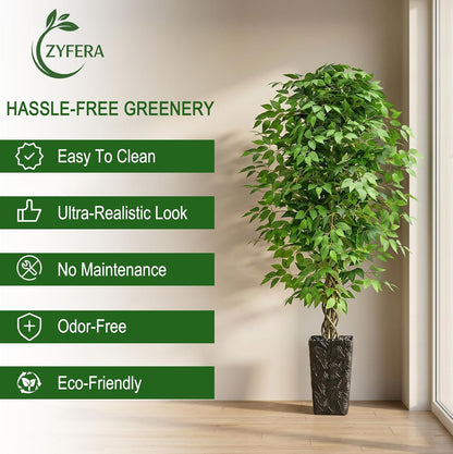 6FT Artificial Ficus Tree, Tall Fake Ficus Tree with Natural Wood Trunk & Silk Leaves, Large Artificial Plant Indoor for Home Living Room Office Bedroom Decor