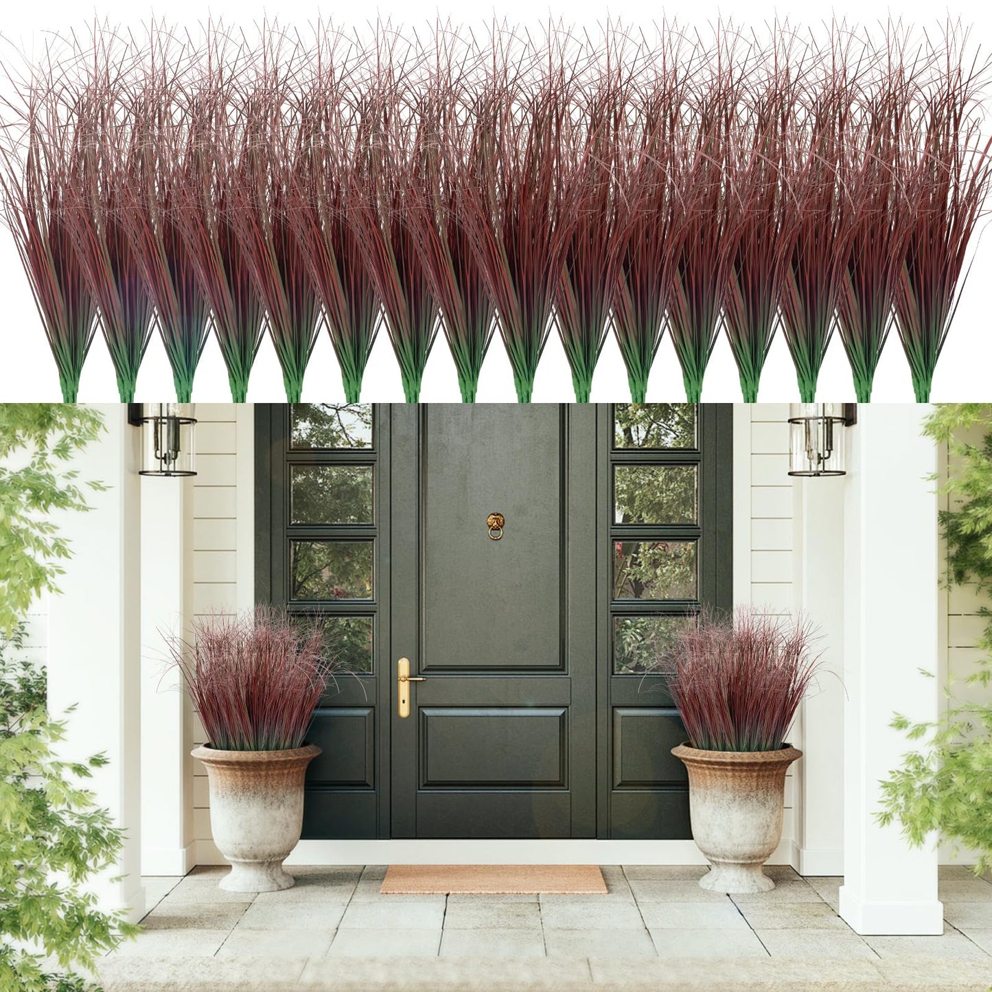 12Pcs Artificial Grass Plants, Faux Shrubs Wheat Grass, Artificial Tall Grass Fake Plants for Outdoor Decor,Artificial Greenery Stems Weed for Room Indoor Home Decor（Green Red Tail）