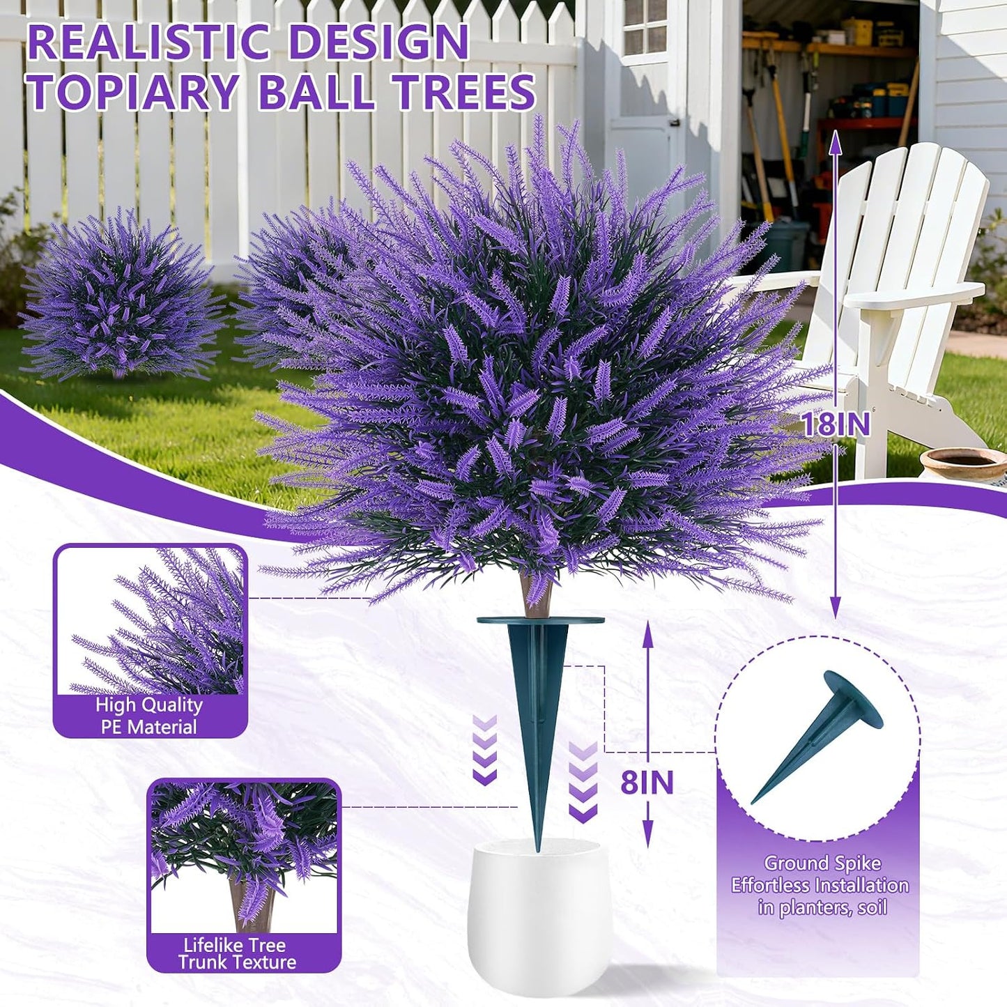 Artificial Lavender Topiary Ball with Ground Spike, UV Resistant Faux Outdoor Plant for Garden Patio Porch Decor, Free-Maintenance Fake Flowers